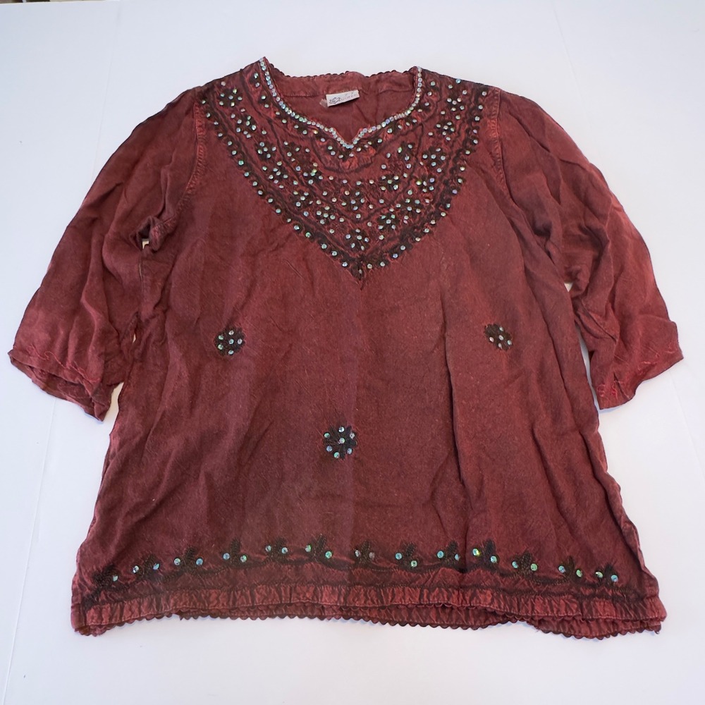 Gofer Burgundy Boho Sequin‎ Embroidered V-Neck Tunic Top 3/4 Sleeve M/L
